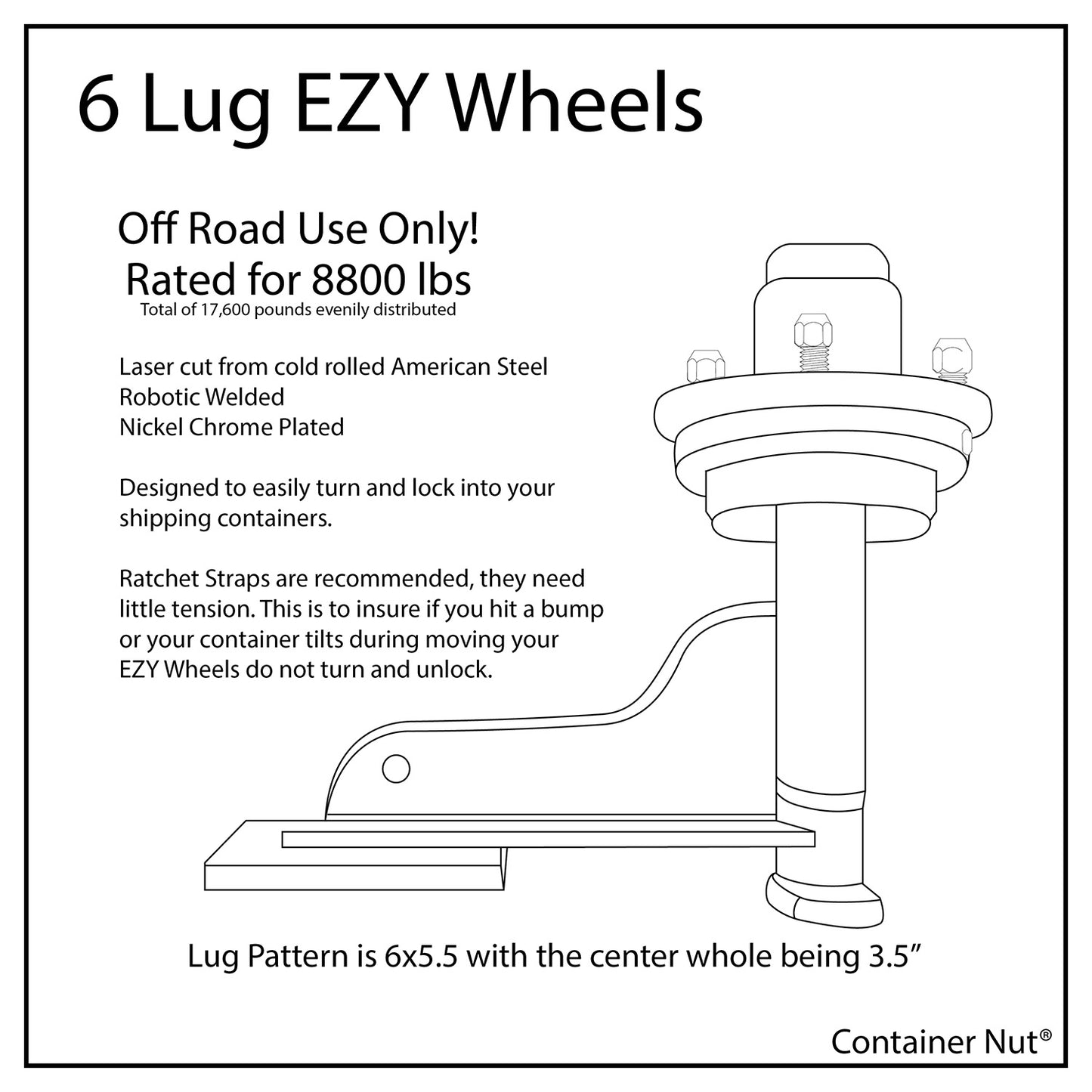 Instruction sheet graphic titled “Lug EZY Wheels” describing specs and usage for container wheel mounts.