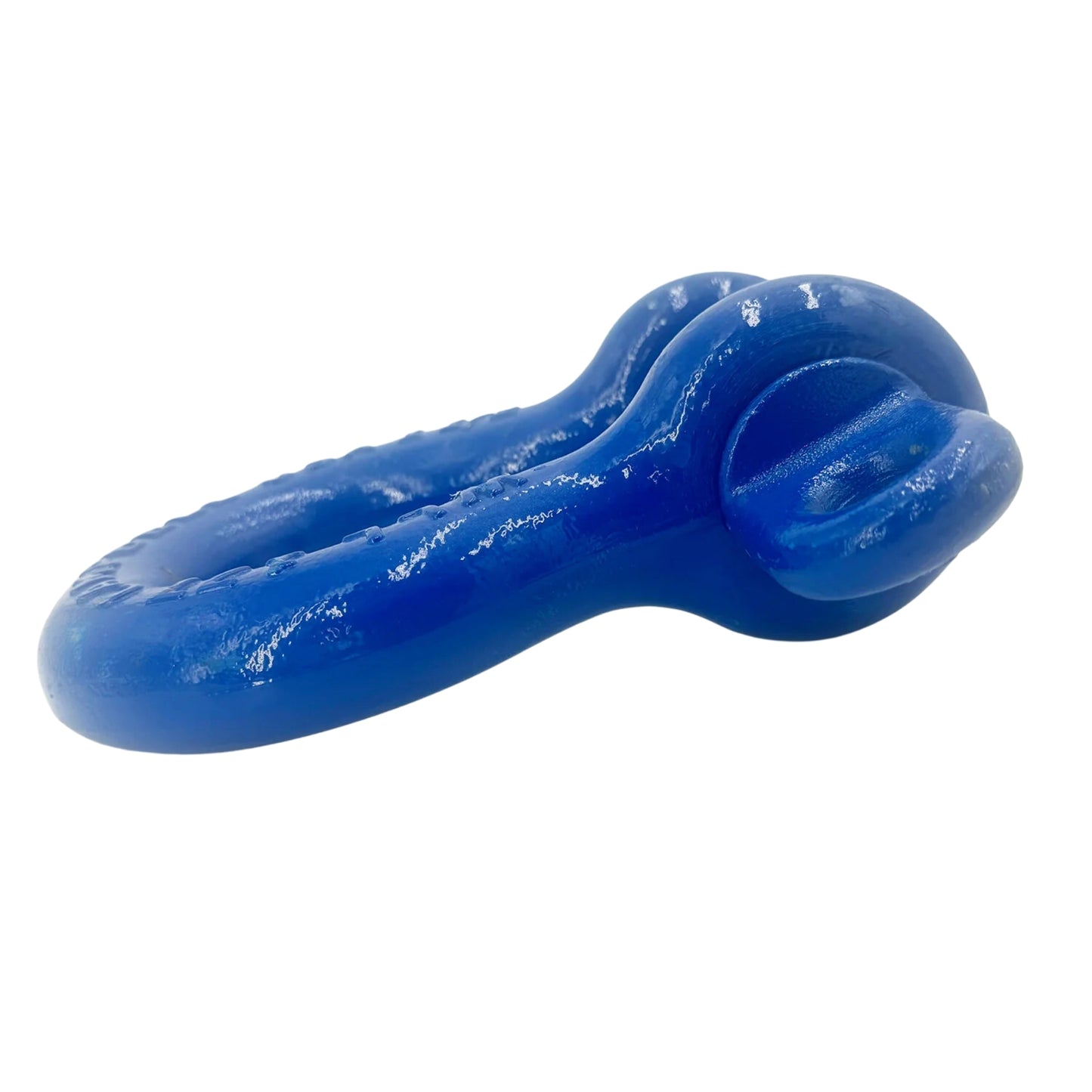 Close-up of a bright blue Anchor Shackle by Campbell USA, showcasing its metal oblong ring with a textured surface and a welded, thicker section on one end.