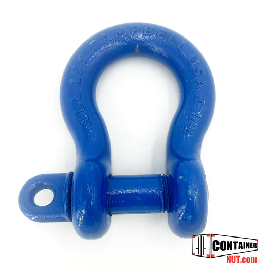 A blue Anchor Shackle with threaded pin rests on a white background. Embossed text reads "Campbell USA" along with the numbers "1-1/2". The bottom right corner features the logo and text "CONTAINERNUT.COM".