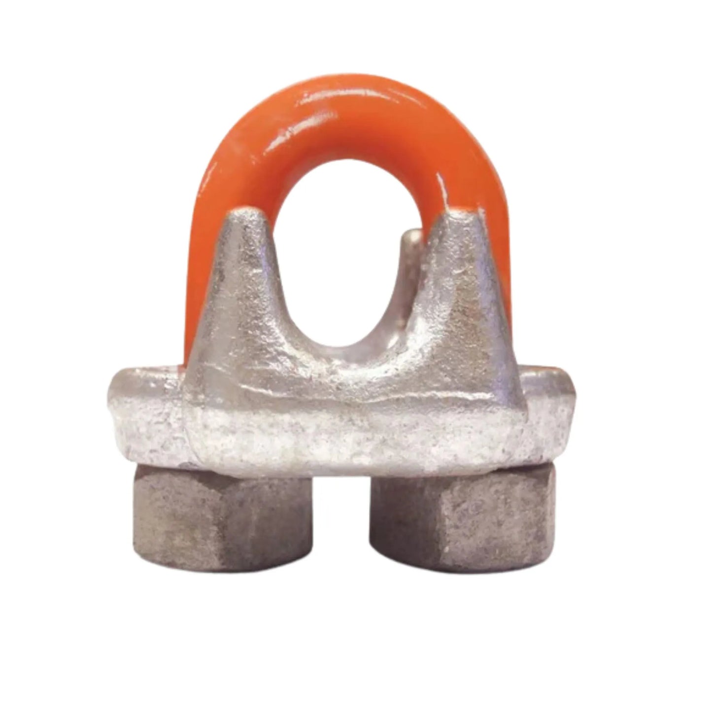 Close-up image of the 1-1/2" Drop Forged Wire Rope Clip - Hot Dip Galvanized by Container Nut, featuring two hex nuts at the base and an orange-colored flat U-bolt at the top. This wire rope clip is designed for securely fastening wire ropes or cables, with a slightly rough metallic surface.