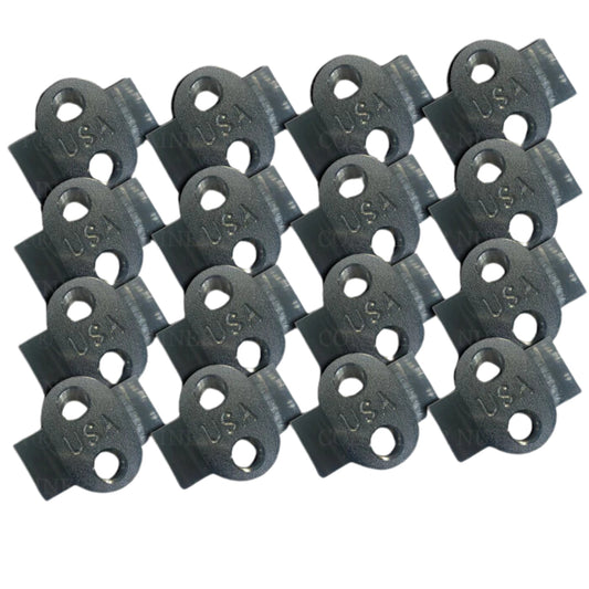 A grid of 16 silver container nuts with "USA" stamped on each, arranged in four rows of four.