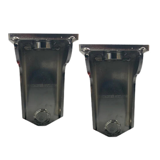 Two Container Nut EZY Lift, silver, made in the USA with cold-rolled steel, in a pack of two. They lift shipping containers.