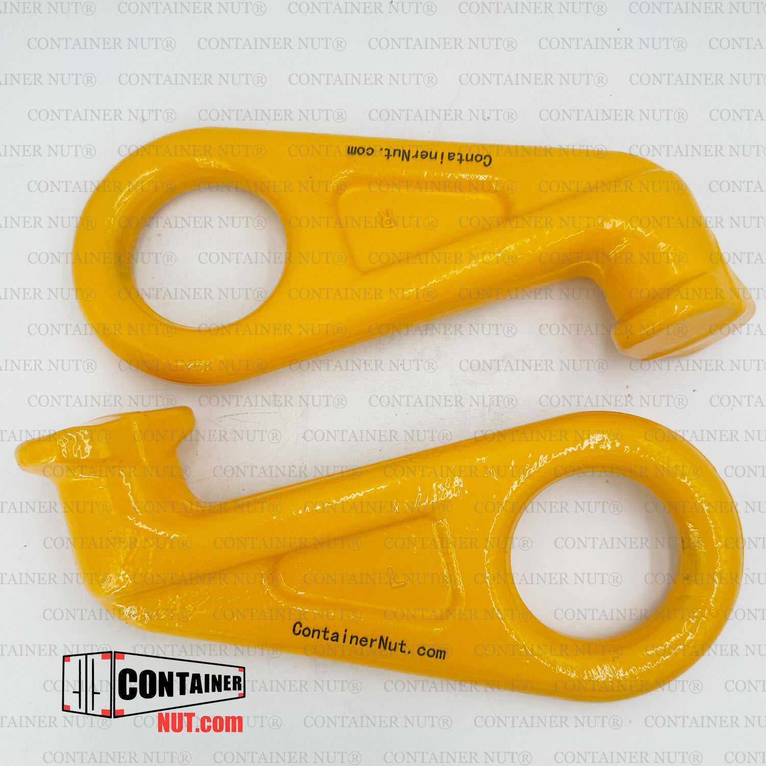 Two vibrant yellow metal tools with hook-like ends, branded with ""Container Nut."" Both feature circular cutouts and are showcased on a plain background adorned with a repeating ""CONTAINER NUT®"" watermark, along with the brand's logo in the bottom left corner. The product is identified as the hooks in the Chain Sling + Right/Left Hooks Bundle.