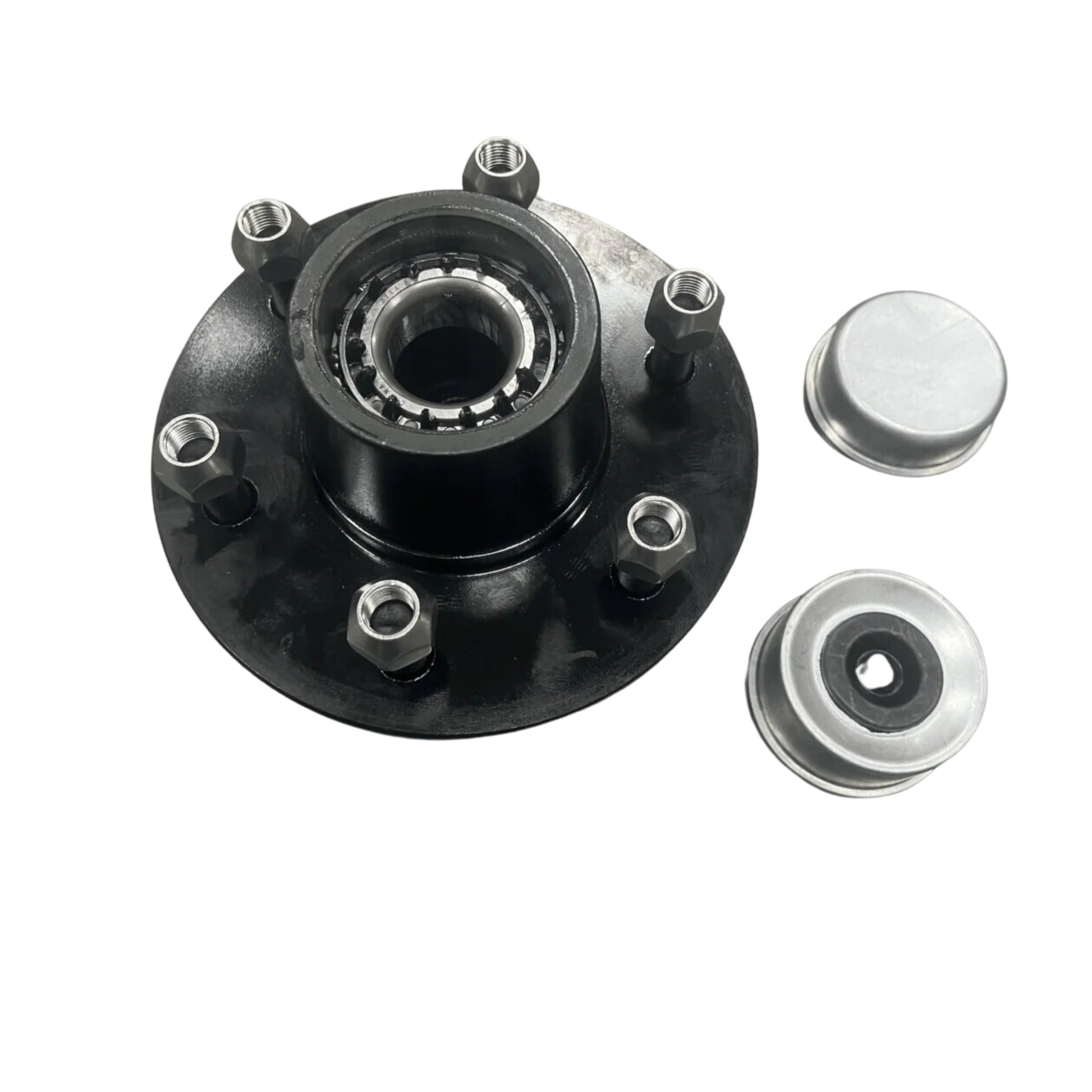 A close-up of the Container Nut Trailer Idler Hub, featuring a black mechanical design with six bolts and a central bearing, placed on a white background. Two silver caps, one containing a rubber insert, are positioned to the right of the hub.