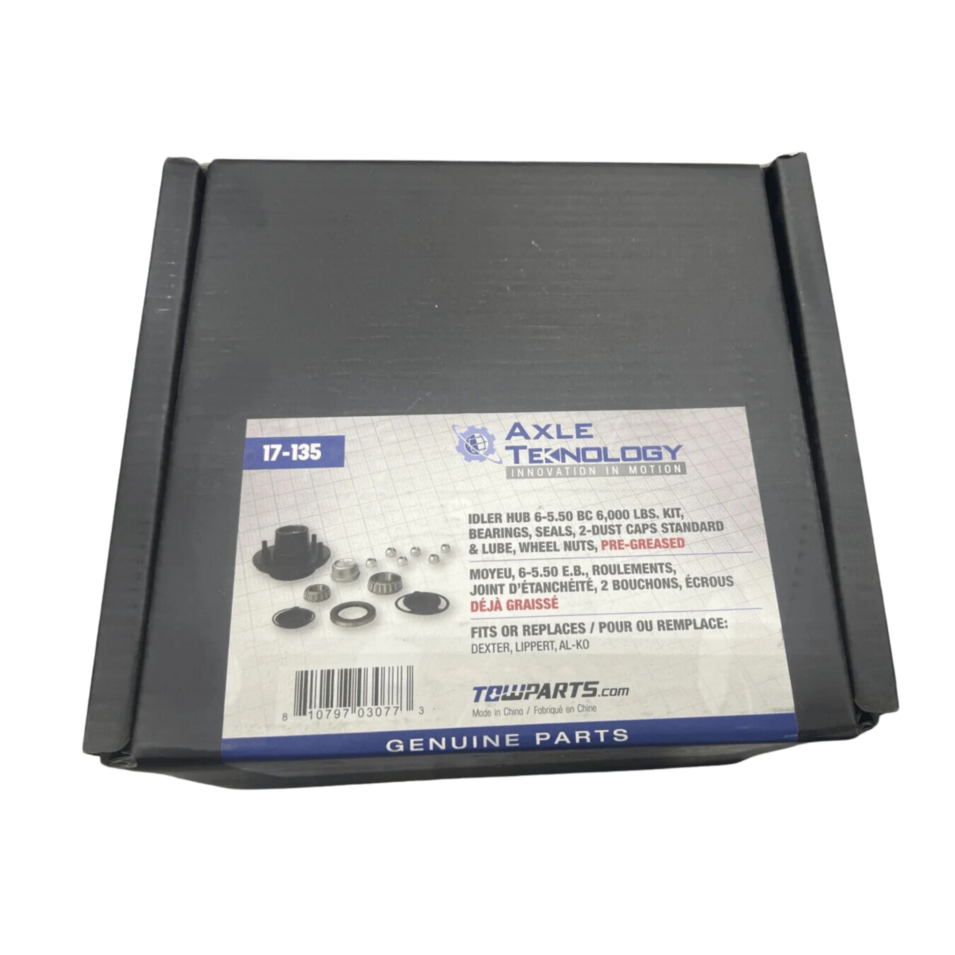 Black box with label features an image of various mechanical parts, a product code (17-135), and lists contents in multiple languages. The label identifies the product as the Trailer Idler Hub.