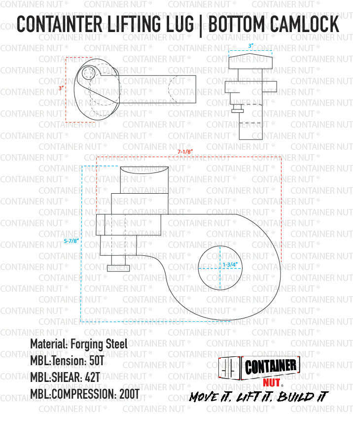 Technical drawing of the Bottom Lifting Lug with the bottom camlock, showing front and side views. Key specifications include MBL Tension: 50T, MBL Shear: 42T, and MBL Compression: 200T. Made from forging steel by Container Nut in a striking yellow color. Slogan: Move it, lift it, build it.