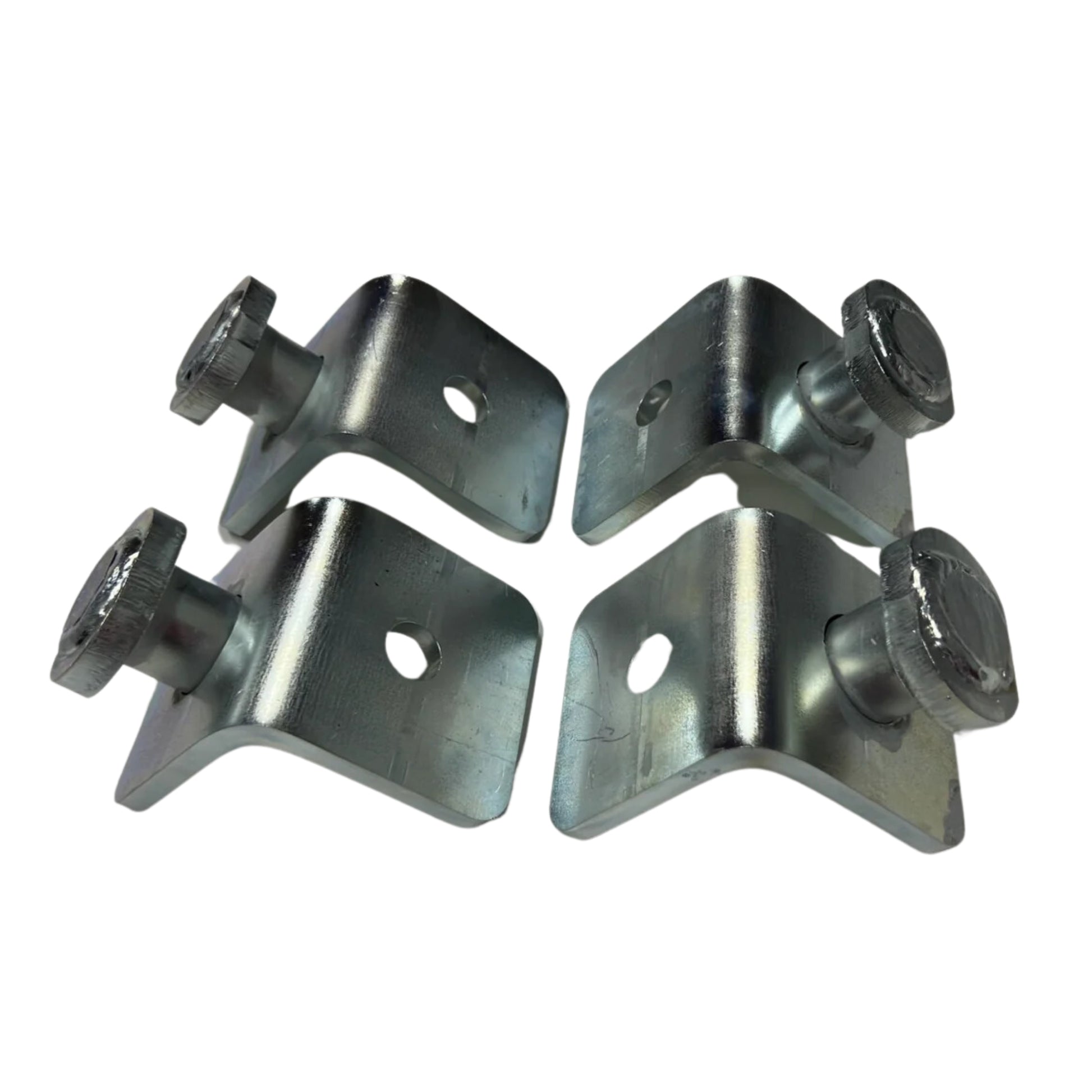 Four EZY Twist Locks by Container Nut, each featuring circular holes and attached bolts, are placed on a white background. The Twist Locks showcase a shiny, metallic finish.