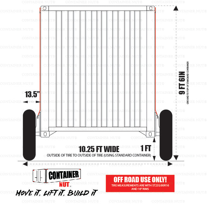 Diagram with labeled dimensions: 9 feet 6 inches tall, 10.25 feet wide including a 1-foot tire extension on each side, and 13.5 inches from the base to the bottom of the container, equipped with EZY Wheels. Note specifies "Off Road Use Only" and features tires sized ST235/80R16.
