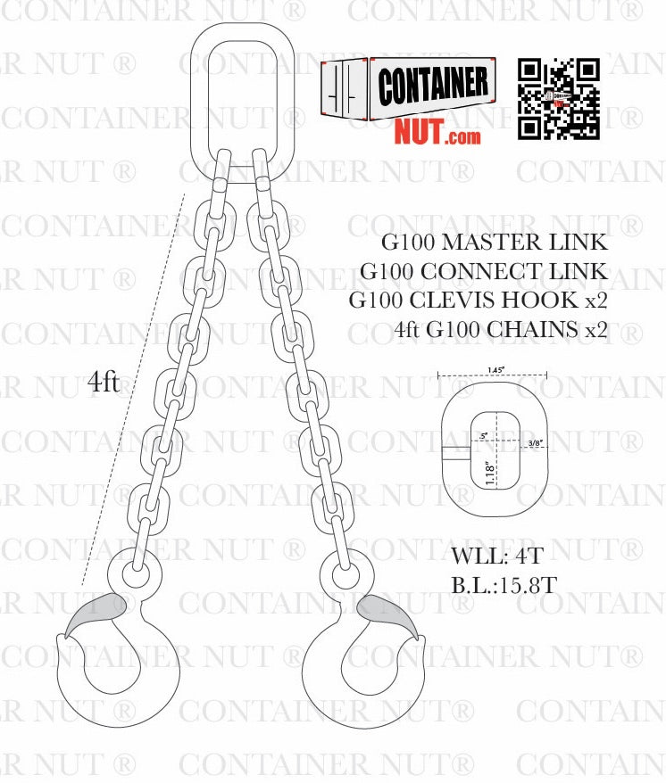 Illustration of a 4-foot Chain Sling + Right/Left Hooks Bundle from Container Nut. Components include a G100 master link, a G100 connect link, and two G100 clevis hooks. The working load limit (WLL) is 4 tons, and the breaking load (B.L.) is 15.8 tons.