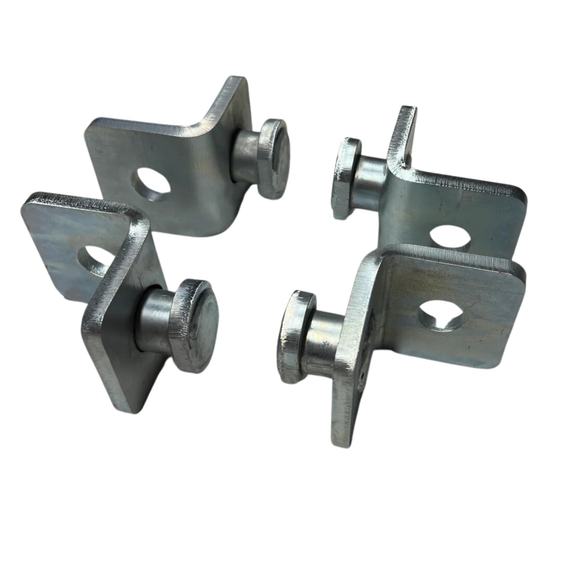 Four HD EZY Twist Locks by Container Nut, each featuring circular holes and attached bolts, are placed on a white background. The Twist Locks showcase a shiny, metallic finish.