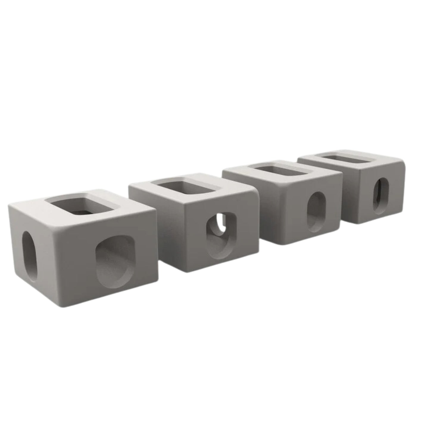 Four ISO Corner Castings from Container Nut are arranged in a row. Each casting features an identical hollow center cut into shapes. The castings are set against a plain white background.
