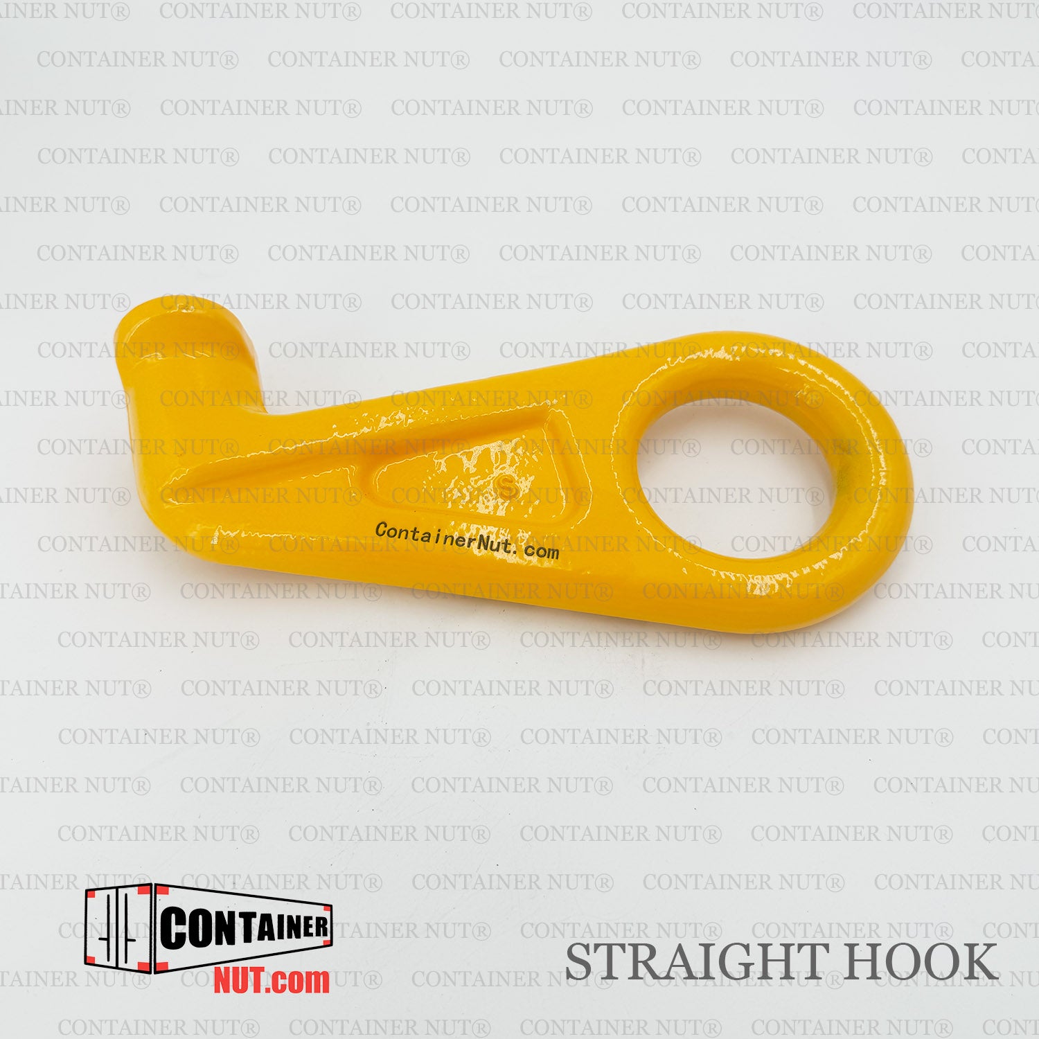 A yellow Straight Hook from Container Nut with a circular hole and a small notch on one end is shown. The text "ContainerNut.com" is printed on the hook. The background features a repeating "CONTAINER NUT©" pattern, and the words "CONTAINER NUT©" and "STRAIGHT HOOK" are visible.