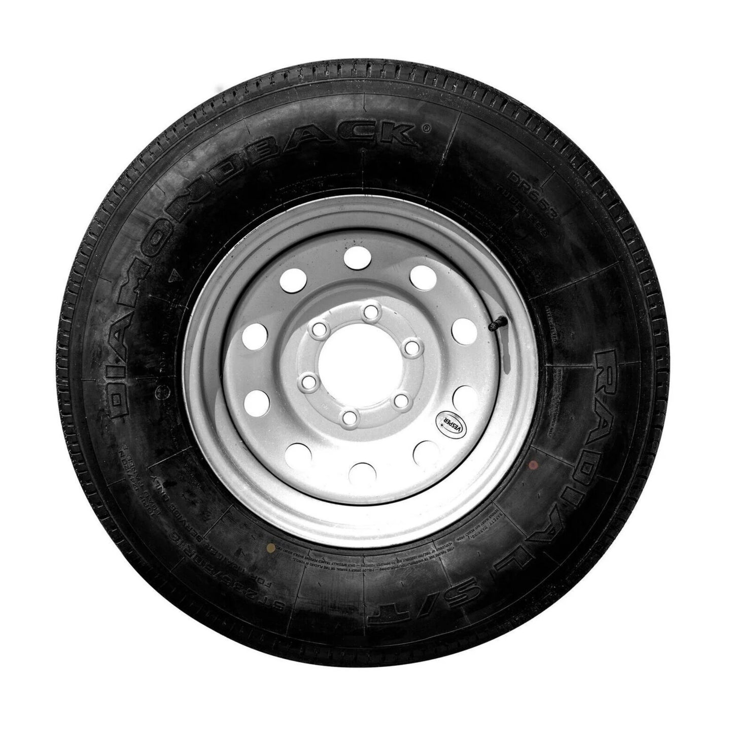 A close-up image of a tire featuring a black tire with a silver, multi-hole rim. The tire's sidewall prominently displays the brand name "DIAMONDBACK" and the word "RADIAL ST". The tire is positioned upright, showcasing its tread pattern and valve stem clearly.