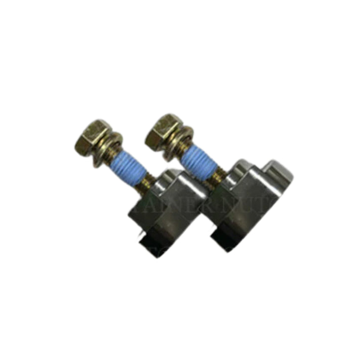 Image of a product bundle featuring two silver Twist Nuts by Container Nut with attached bolts.