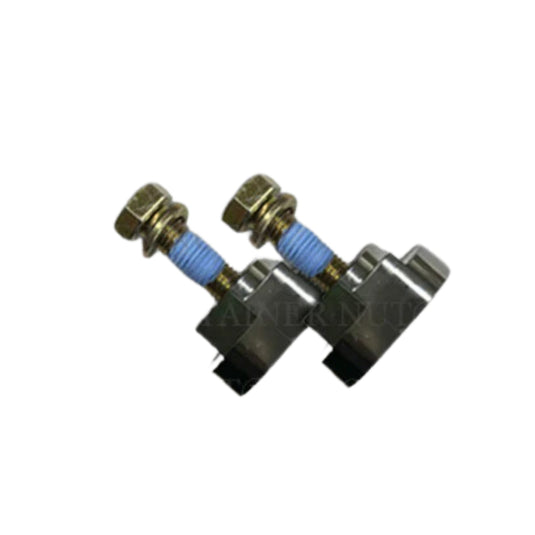 Image of a product bundle featuring two silver Twist Nuts by Container Nut with attached bolts.