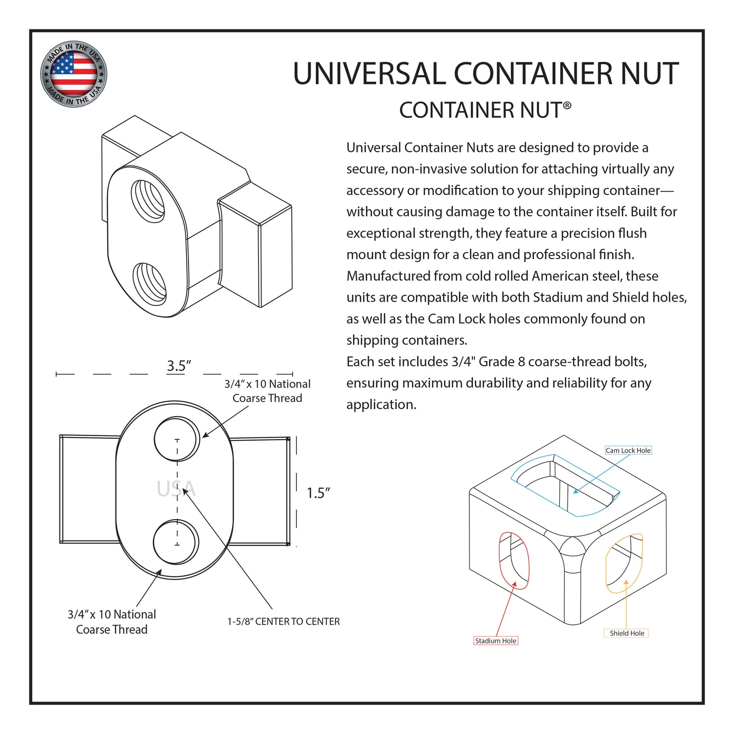 Universal Container Nut | 2 Pack | Shipping Container Mounts