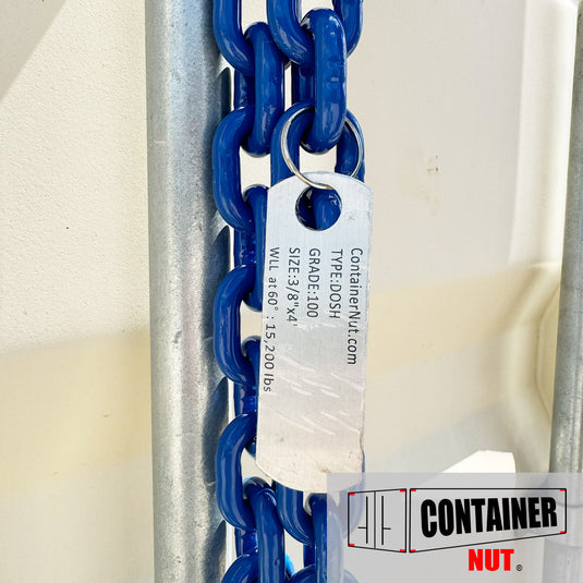 Chain tag with all the information on it. Grade 100 chain. 3/8 inch by 4-foot size. WWL at 60 degree is 15200 pounds.