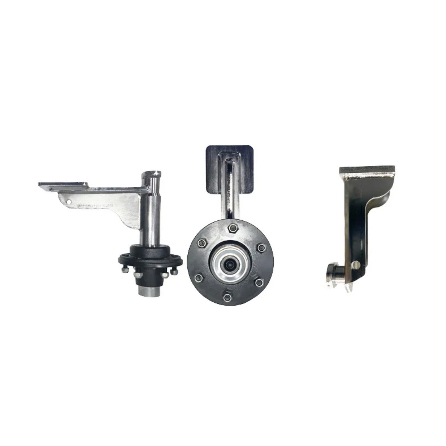 Three items included in the EZY Wheels Kit from Container Nut: a side view on the left of the EZY Wheels 6-Lug, a front view featuring a circular detail of the 6 Lug EZY Wheels in the center, and the EZY Lift on the right. A plus sign is placed between the EZY Wheels and EZY Lift.