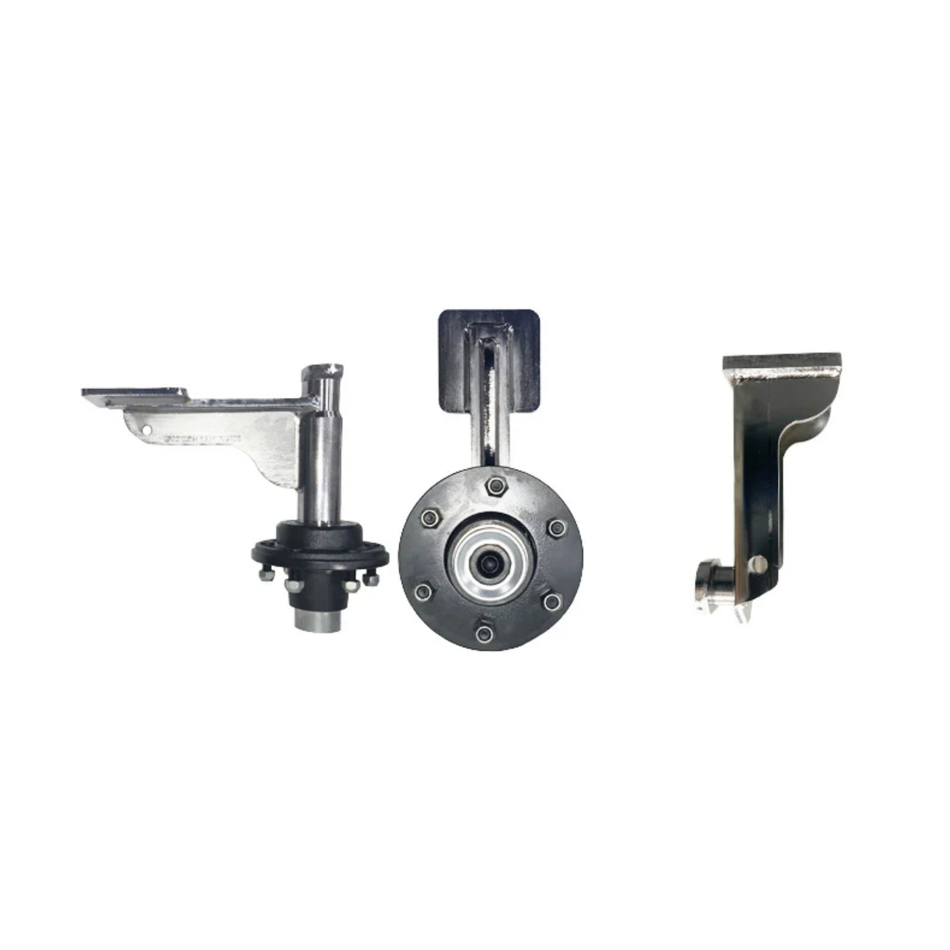 Three items included in the EZY Wheels Kit from Container Nut: a side view on the left of the EZY Wheels 6-Lug, a front view featuring a circular detail of the 6 Lug EZY Wheels in the center, and the EZY Lift on the right. A plus sign is placed between the EZY Wheels and EZY Lift.