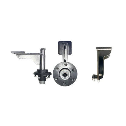 Three items included in the EZY Wheels Kit from Container Nut: a side view on the left of the EZY Wheels 6-Lug, a front view featuring a circular detail of the 6 Lug EZY Wheels in the center, and the EZY Lift on the right. A plus sign is placed between the EZY Wheels and EZY Lift.