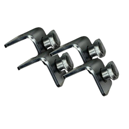 Four HD EZY Twist Locks by Container Nut, each featuring circular holes and attached bolts, are placed on a white background. The Twist Locks showcase a shiny, metallic finish.
