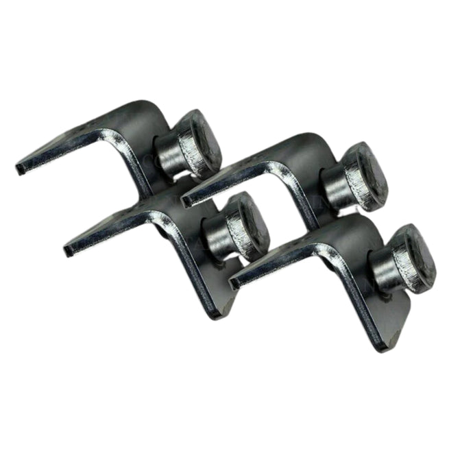 Four HD EZY Twist Locks by Container Nut, each featuring circular holes and attached bolts, are placed on a white background. The Twist Locks showcase a shiny, metallic finish.