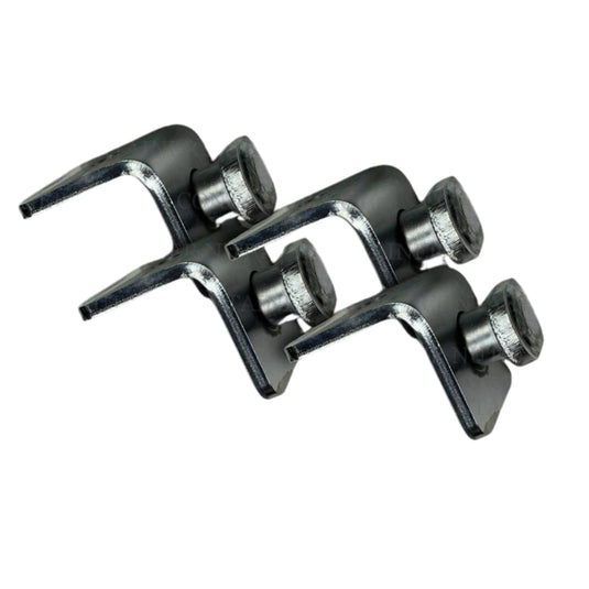 Four HD EZY Twist Locks by Container Nut, each featuring circular holes and attached bolts, are placed on a white background. The Twist Locks showcase a shiny, metallic finish.