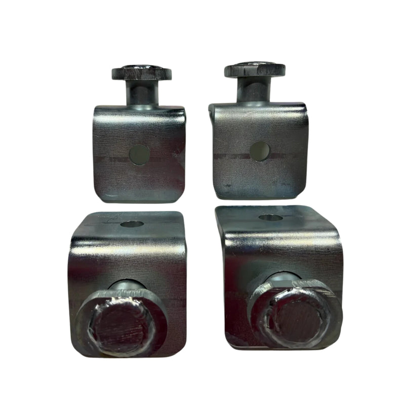 Load image into Gallery viewer, Four EZY Twist Locks by Container Nut, each featuring circular holes and attached bolts, are placed on a white background. The Twist Locks showcase a shiny, metallic finish.
