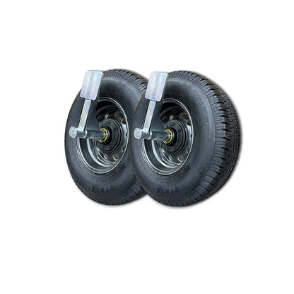 The EZY Wheels Bundle by Container Nut features two black spare tires with steel rims, positioned side by side on a white background. Each tire is mounted on EZY Wheels to move shipping containers . The tires showcase visible tread patterns.