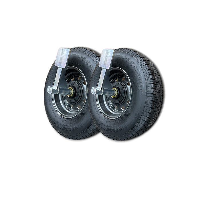 Load image into Gallery viewer, The EZY Wheels Bundle by Container Nut features two black spare tires with steel rims, positioned side by side on a white background. Each tire is mounted on EZY Wheels to move shipping containers . The tires showcase visible tread patterns.
