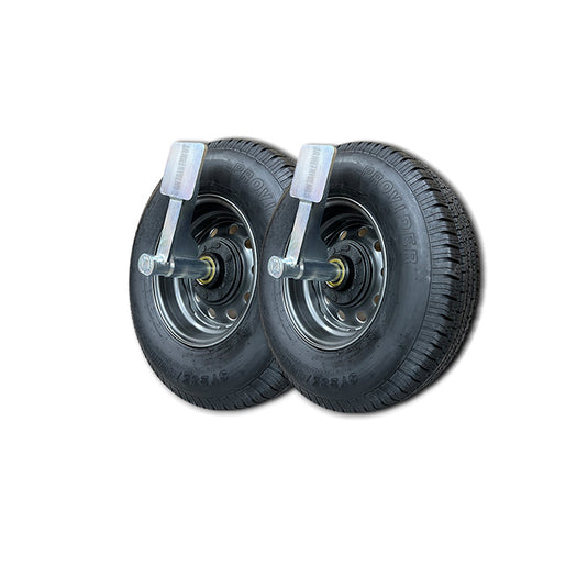 The EZY Wheels Bundle by Container Nut features two black spare tires with steel rims, positioned side by side on a white background. Each tire is mounted on EZY Wheels to move shipping containers . The tires showcase visible tread patterns.