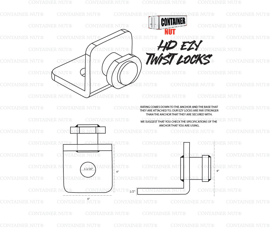 Black and white technical drawing of a container nut labeled "HD EZY Twist Locks." The drawing shows the nut in various orientations with dimensions and key components. Text explains that both the anchor and base must have acceptable nut surfaces for assured safety.