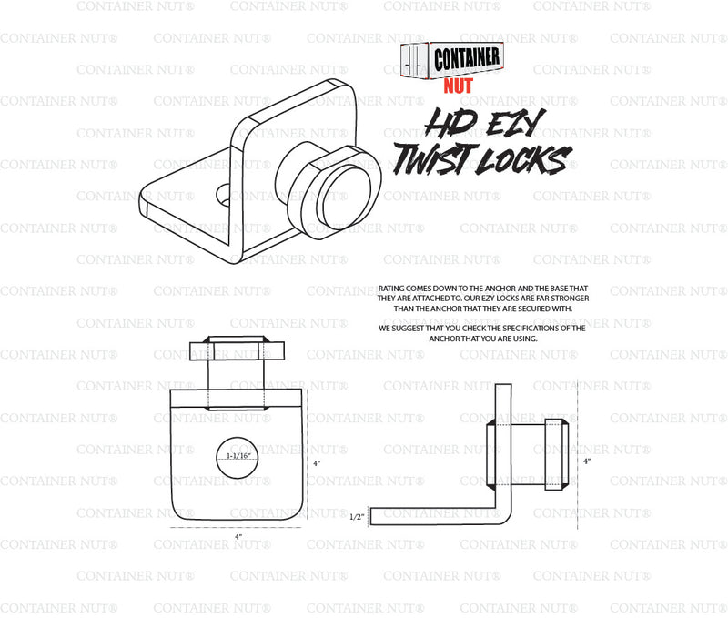 Load image into Gallery viewer, Black and white technical drawing of a container nut labeled &quot;HD EZY Twist Locks.&quot; The drawing shows the nut in various orientations with dimensions and key components. Text explains that both the anchor and base must have acceptable nut surfaces for assured safety.
