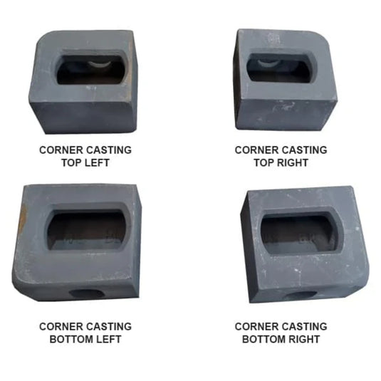 The image displays four rectangular metal ISO Corner Castings, labeled "Corner Casting Top Left," "Corner Casting Top Right," "Corner Casting Bottom Left," and "Corner Casting Bottom Right" by Container Nut. Each casting features openings and grooves tailored to its specific position.