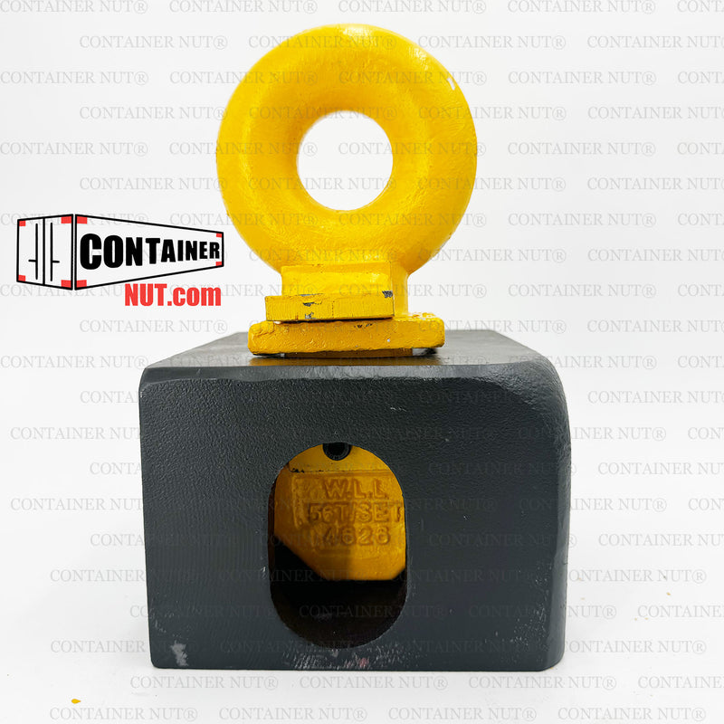 Load image into Gallery viewer, A Top Lifting Lug from the Container Nut brand is showcased in an image with a white background, featuring its geometric and industrial design. The yellow, circular ring structure is mounted on top of a gray, cube-shaped object with circular holes on three sides, all connected by a small black platform.
