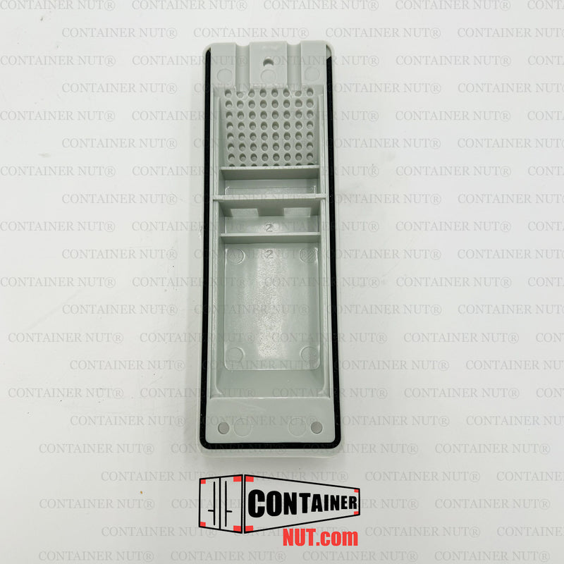 Load image into Gallery viewer, The backend of a silver ABS plastic Air Vent by Container Nut lies flat against a gray background. The rectangular vent cover features a slotted area for ventilation and has four mounting holes, one at each corner, for securing it in place.
