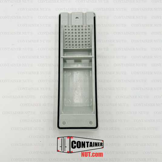 The backend of a silver ABS plastic Air Vent by Container Nut lies flat against a gray background. The rectangular vent cover features a slotted area for ventilation and has four mounting holes, one at each corner, for securing it in place.