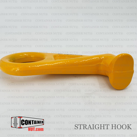 A yellow Straight Hook is placed against a white backdrop. The background features a repeated "CONTAINER NUT®" watermark. In the bottom left corner, the "Container Nut" logo is visible, and "STRAIGHT HOOK" is written in black text at the bottom right.