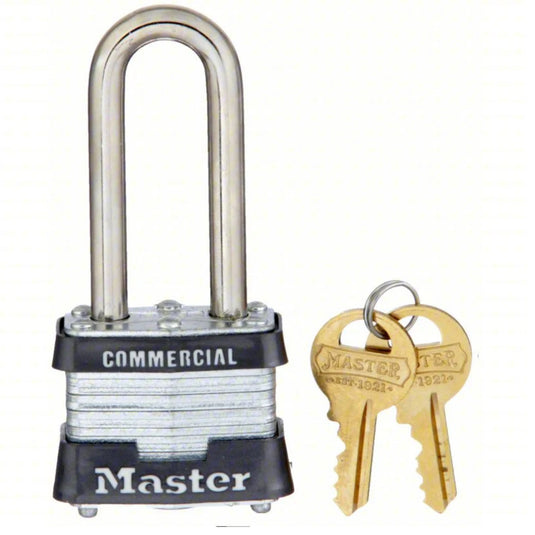 A silver padlock labeled "Master Lock" with "Commercial" inscribed on the black part of the body is shown. The shackle is locked in place, and two brass keys, also labeled "Master Lock," are placed beside it, connected by a small metal ring.
