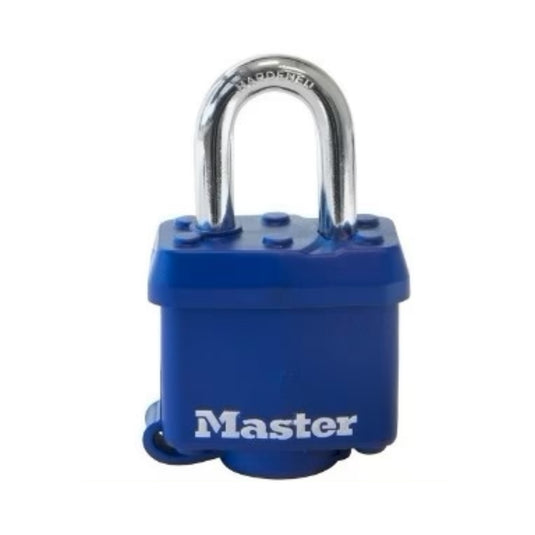 The image showcases a Covered Laminated Padlock from Master Lock featuring a blue body and a silver shackle, with the brand name "Master" prominently displayed in white on the front. The padlock has a robust design, indicating high security. The background is white, emphasizing the padlock’s features.