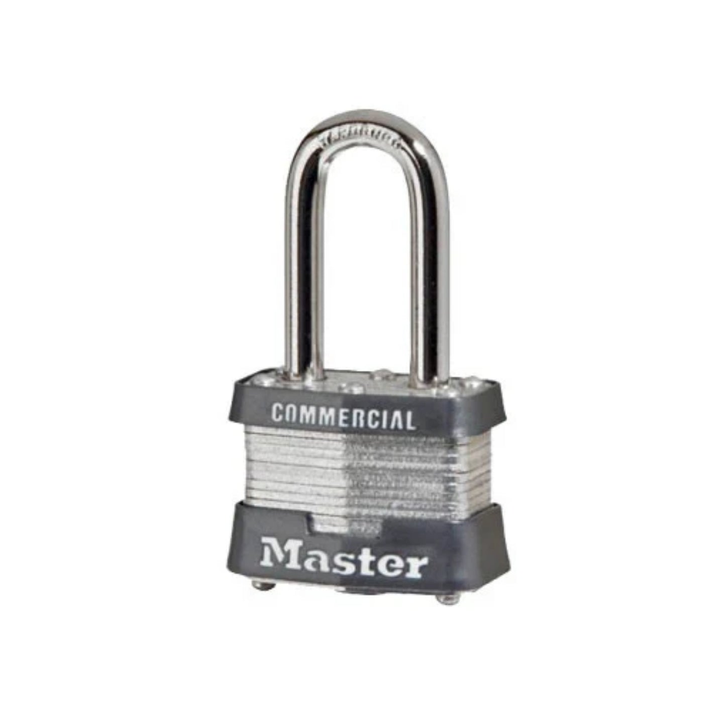 A Laminated Steel Padlock from Master Lock, featuring a silver and grey design with a hardened steel shackle. The padlock has ribbed sides, with "COMMERCIAL" engraved at the top and "Master" inscribed at the bottom of the lock housing.