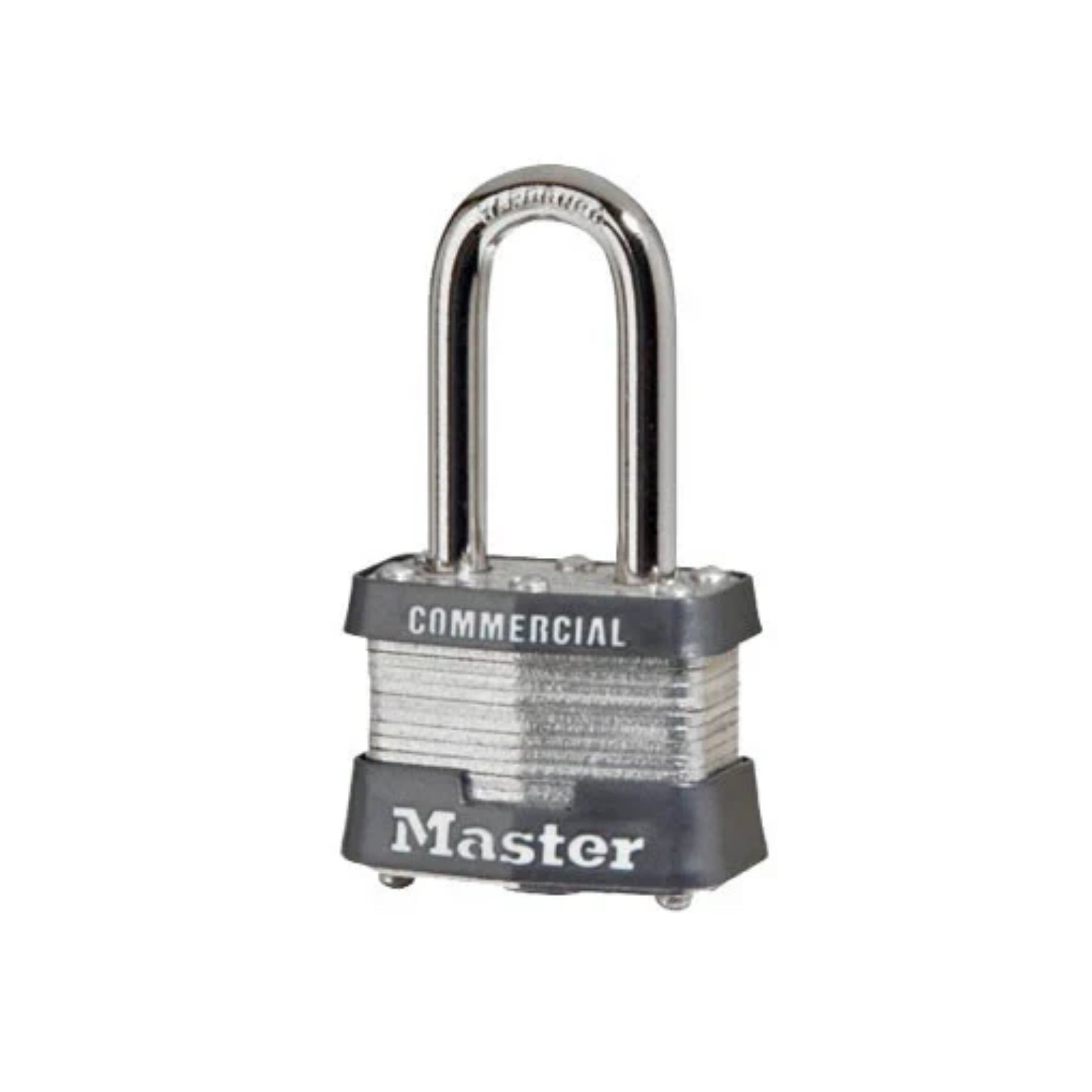 A Laminated Steel Padlock from Master Lock, featuring a silver and grey design with a hardened steel shackle. The padlock has ribbed sides, with "COMMERCIAL" engraved at the top and "Master" inscribed at the bottom of the lock housing.