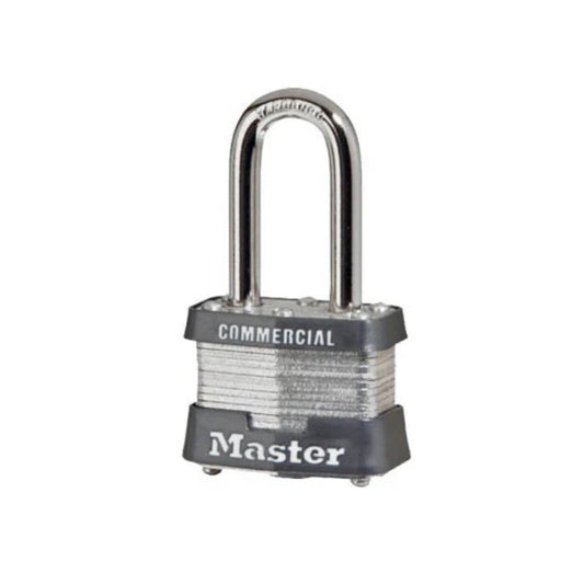 A Laminated Steel Padlock from Master Lock, featuring a silver and grey design with a hardened steel shackle. The padlock has ribbed sides, with "COMMERCIAL" engraved at the top and "Master" inscribed at the bottom of the lock housing.