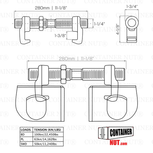 280mm | BRIDGE FITTINGS | SHIPPING CONTAINER CLAMPS | 2-PACK