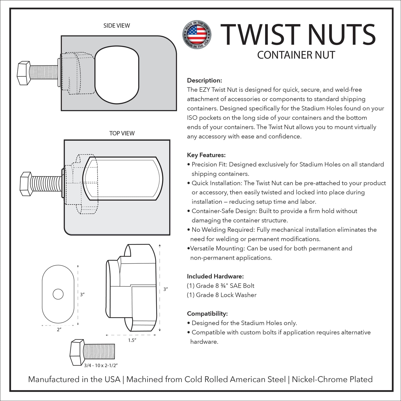2-Pack Twist Nuts Shipping Container Mounts - Container Nut