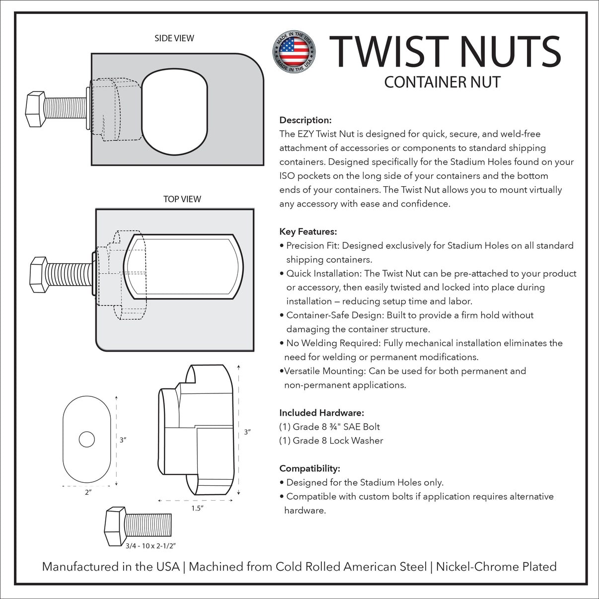 2-Pack Twist Nuts Shipping Container Mounts - Container Nut
